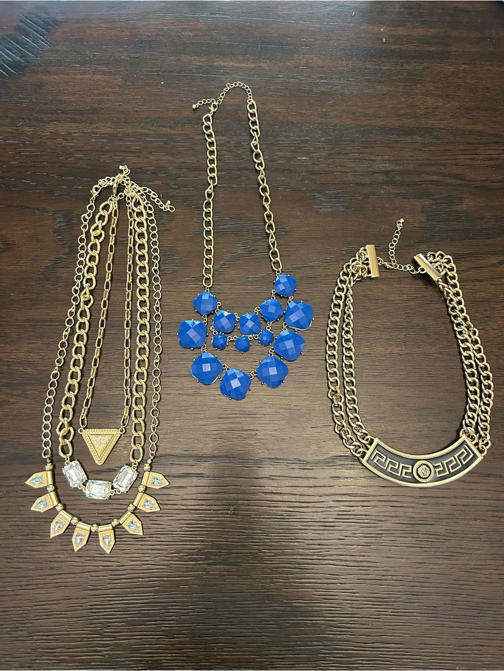 5 Piece Statement Necklace Lot Blue Bib Greek Key Crystal Gold Tone Jewelry